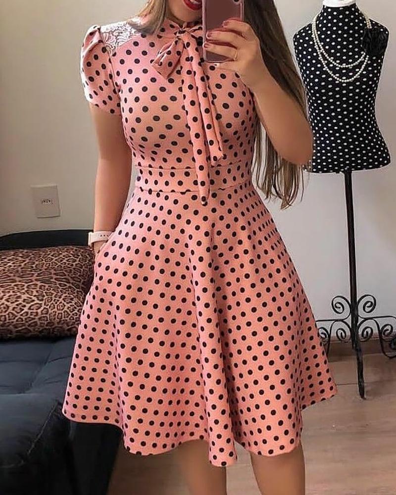 

Polka Dot Print Puff Sleeve Dress, Pink