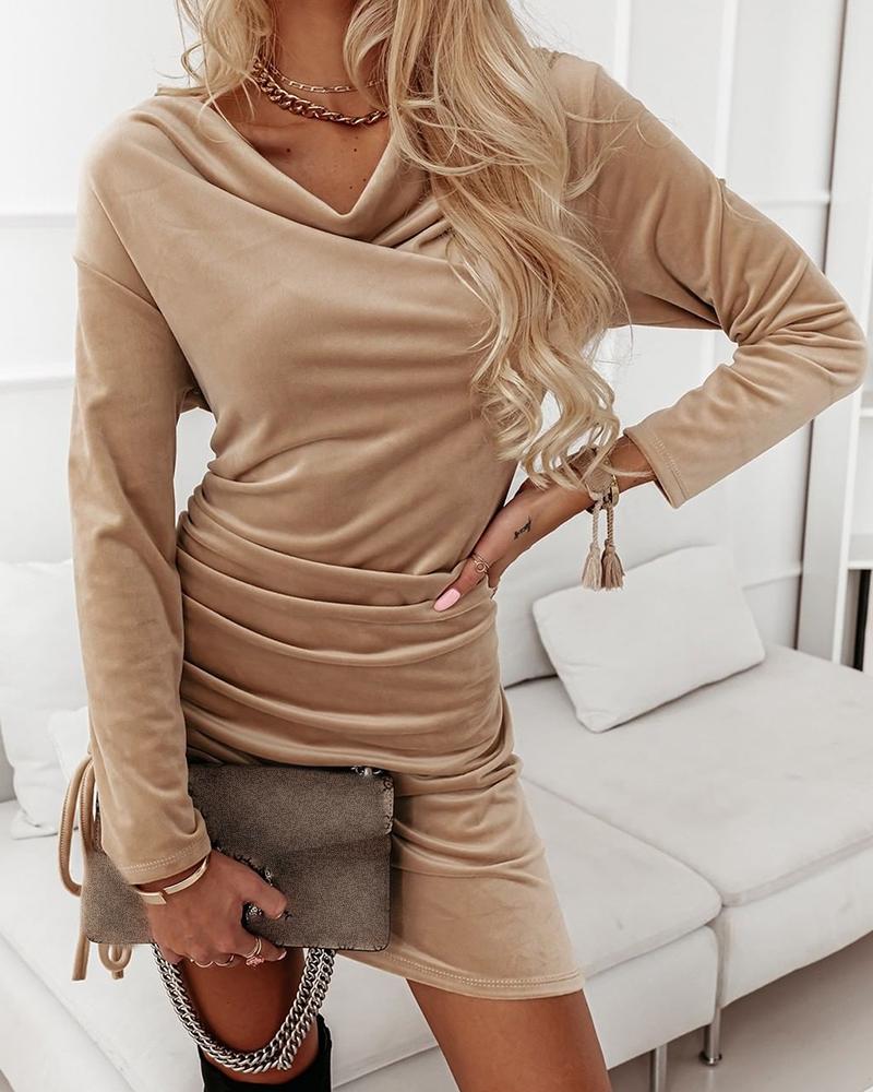 

Side Drawstring Ruched Velvet Dress, Apricot