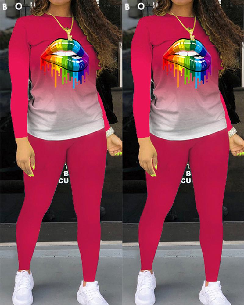 

Plus Size Lip Print Ombre Long Sleeve Top & Pants Set, Hot pink