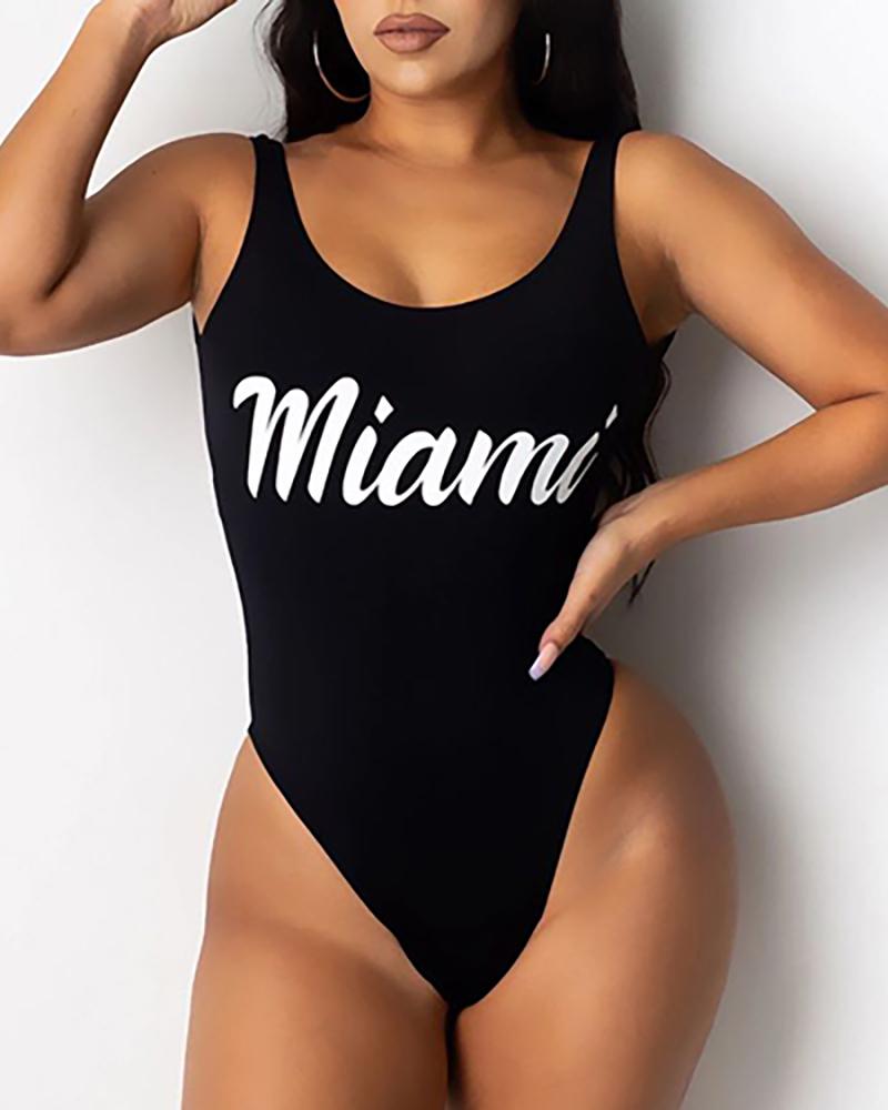 

Letter Print Backless One Piece Swimsuit, Black