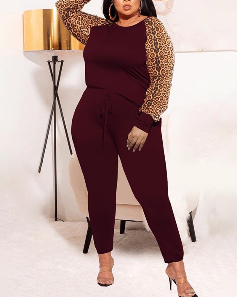 

Plus Size Contrast Leopard Long Sleeve Top & Pants Set, Wine red