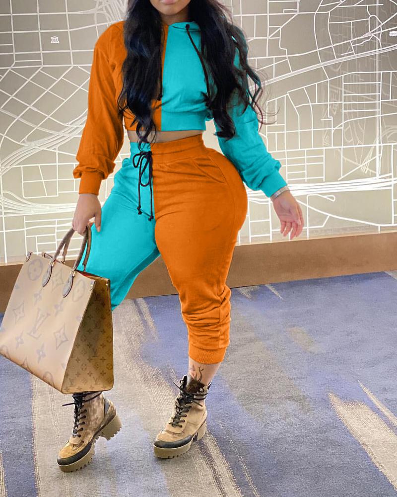 

Colorblock Long Sleeve Crop Hoodie & Drawstring Pants Set, Orange