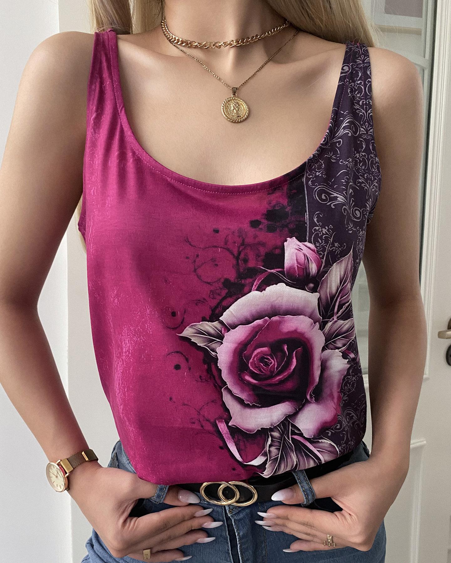 

Rose Print Sleeveless Loose Tank, Purple
