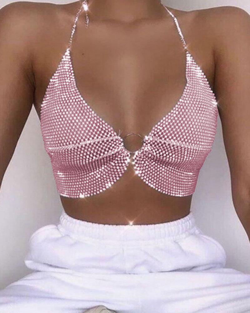 

O-Ring Link Rhinestone Sequin Body Chain, Pink