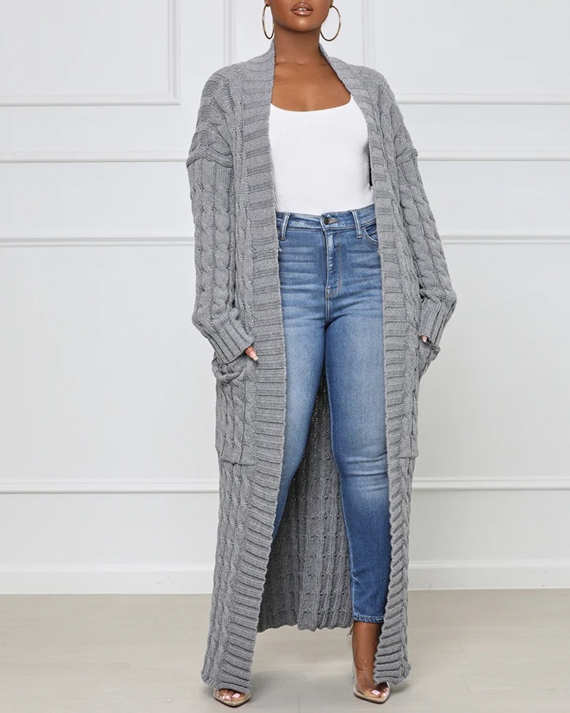 

Long Sleeve Cable Knit Longline Cardigan Open Front Sweater with Pockets, Gray