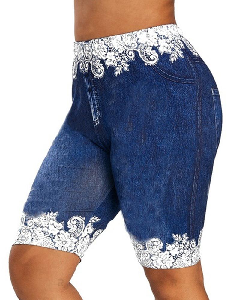

Women' Faux Denim Printed Solid Color Splicing Lace Sport Active Shorts, Dark blue