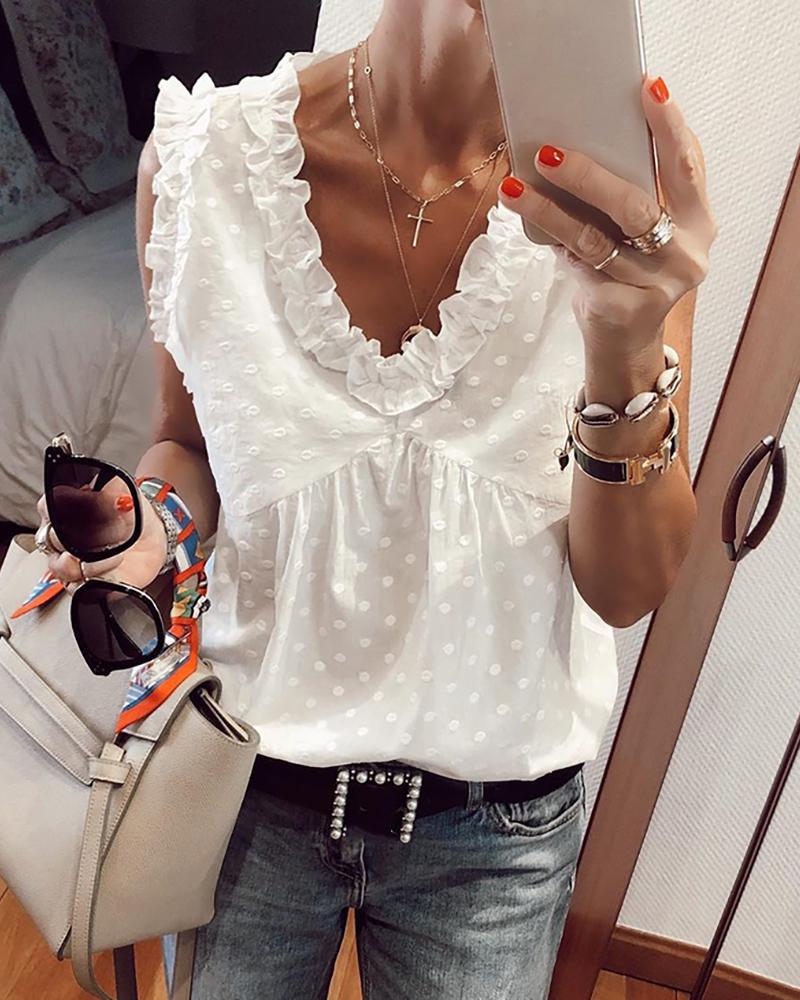 

Frill Hem Swiss Dot Sleeveless Casual Blouse, White
