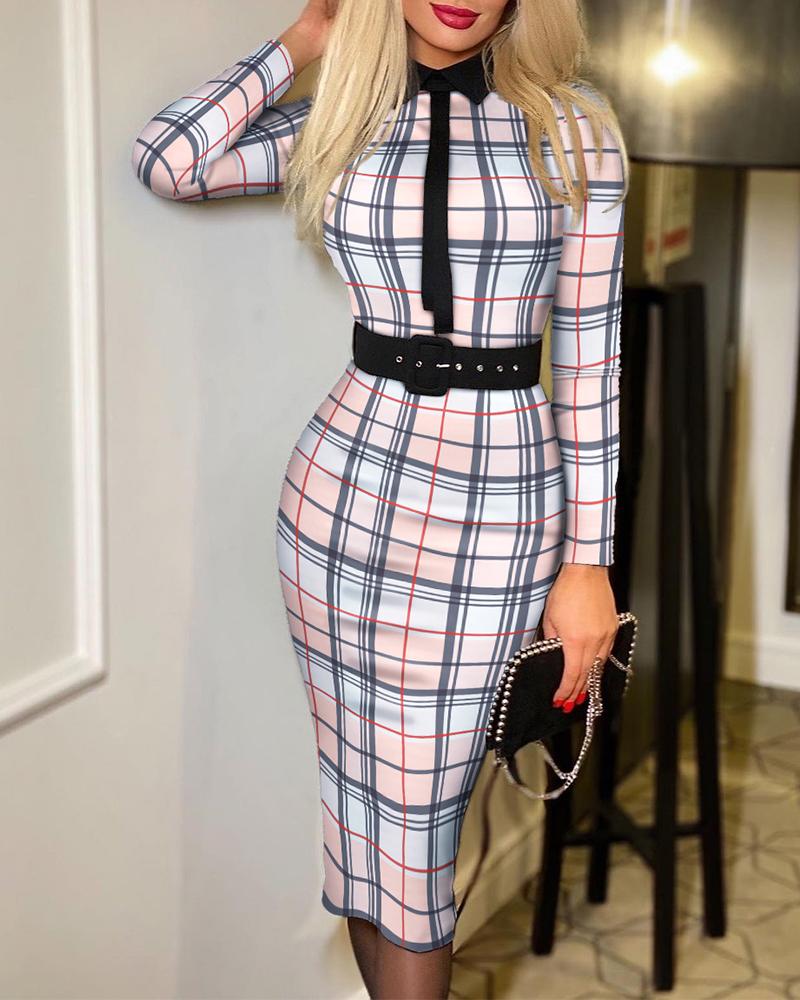 

Long Sleeve Plaid Print Tie Front Work Dress With Belt, Multicolor