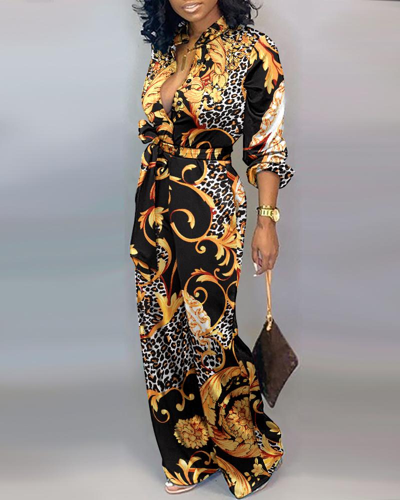 

Baroque Leopard Print Long Sleeve Jumpsuit With Belt, Multicolor