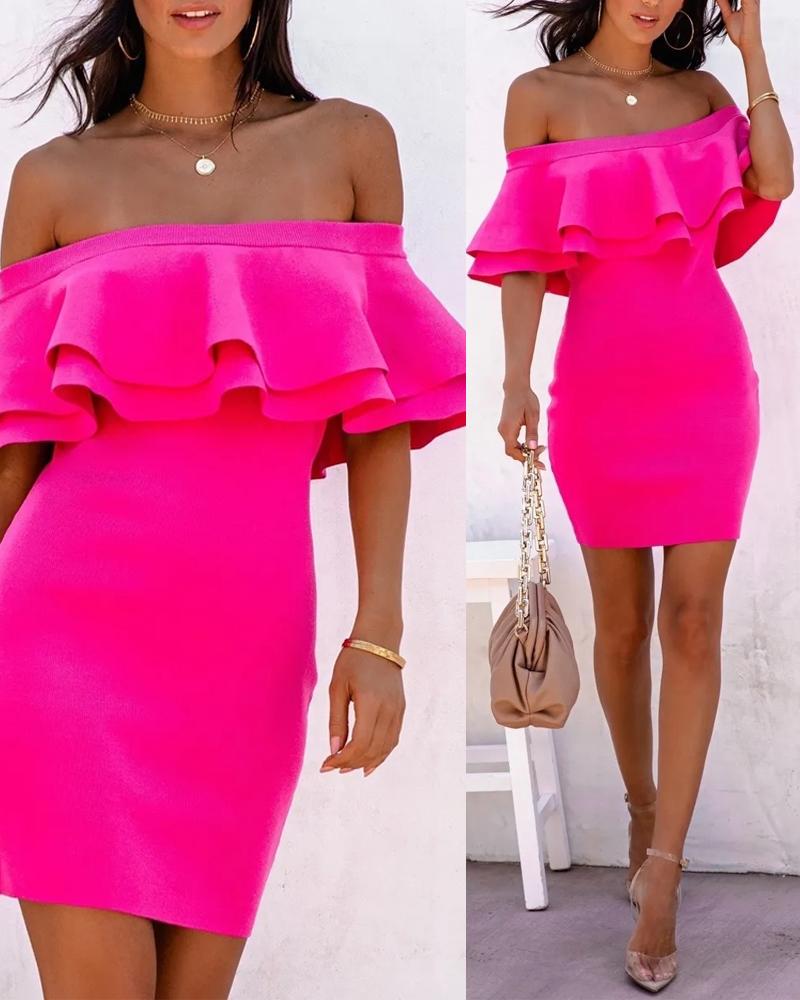 

Off Shoulder Ruffle Hem Bodycon Dress, Hot pink
