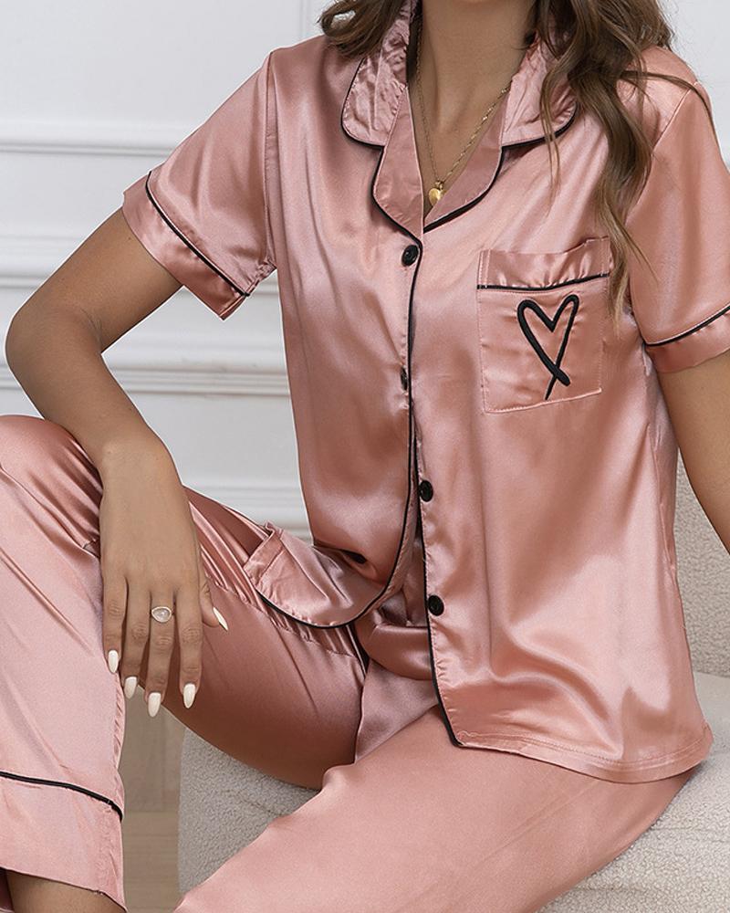 

Heart Embroidery Contrast Piping Pajamas Set, Pink