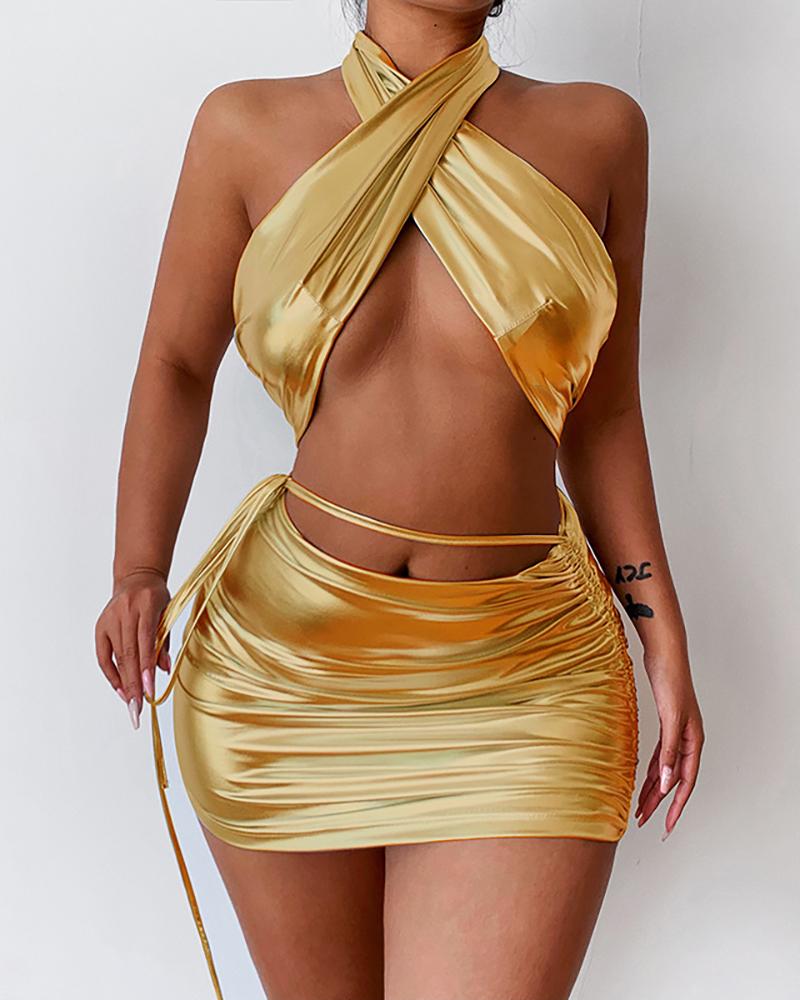 

Metallic Halter Tied Detail Crop Top & Ruched Skirt Set, Gold