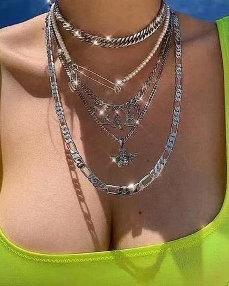 

5pcs Angle Letter Pendant Beaded Pin Decor Chain Necklace, Silver