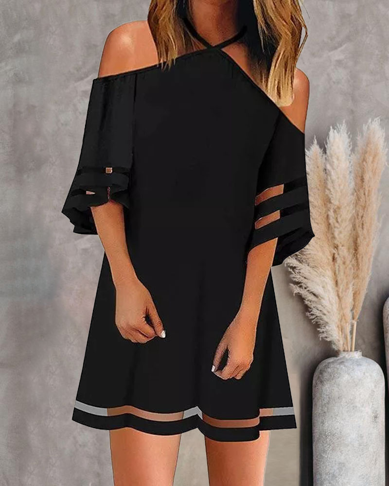 

Contrast Mesh Cold Shoulder Casual Dress, Black