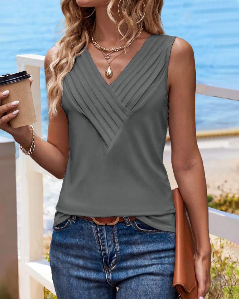 

V-Neck Sleeveless Ruched Tank Casual Slim Fit Top, Gray