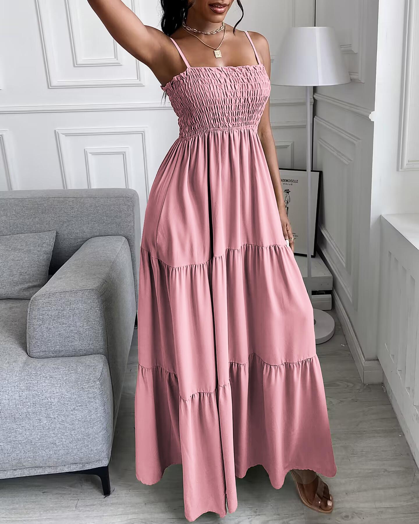 

Shirring Detail Ruched Casual Maxi Dress, Pink