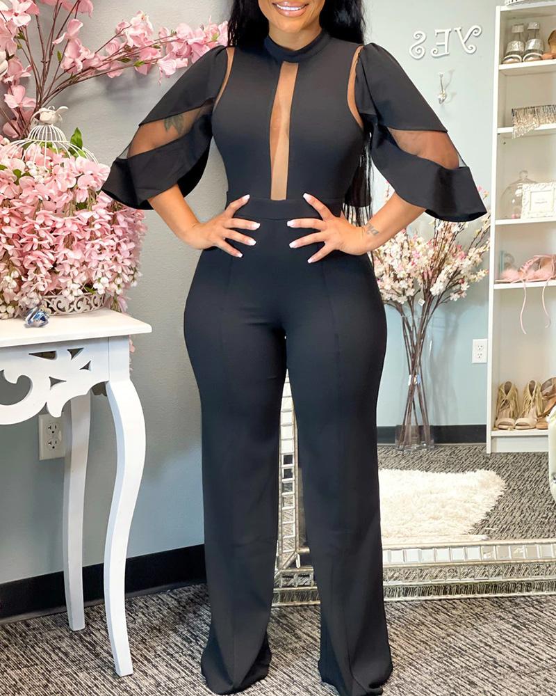 

Bell Sleeve Long Sleeve Plain Mesh Jumpsuit, Black