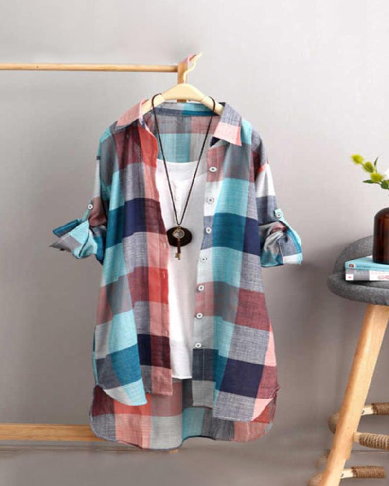 

Gingham Button Down Tunic Shirt, Multicolor