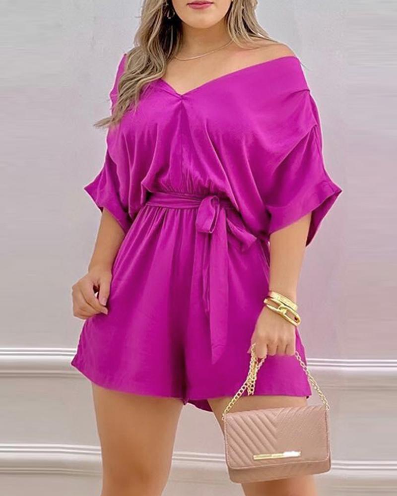 

V-Neck Ruched Batwing Sleeve Belted Romper, Hot pink