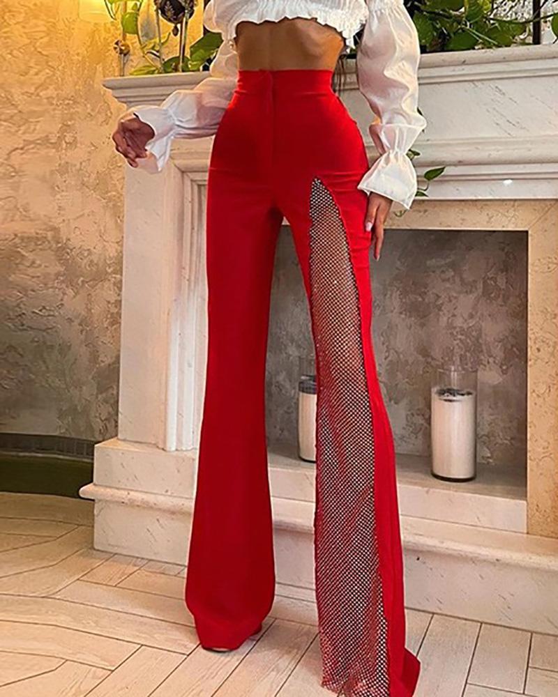 

Fishnet Mesh Patch High Waist Bootcut Pants, Red