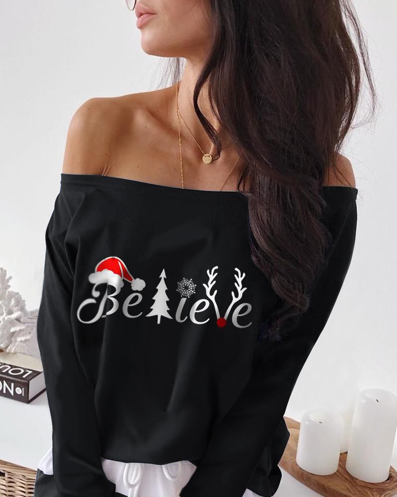 

Christmas Print Long Sleeve Casual T-Shirt, Black