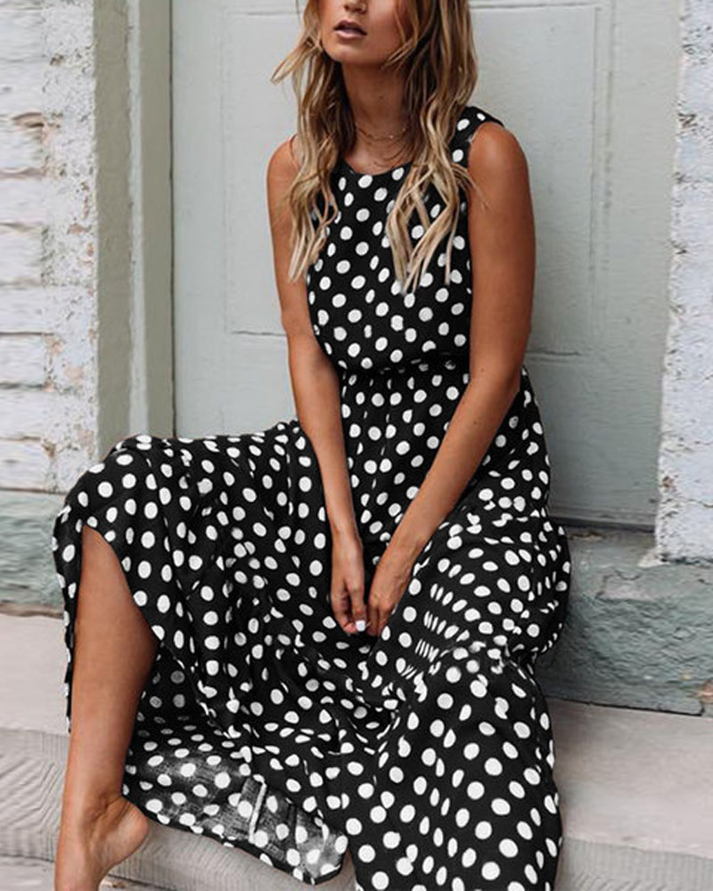 

Polka Dot Print Casual Tank Dress, Black