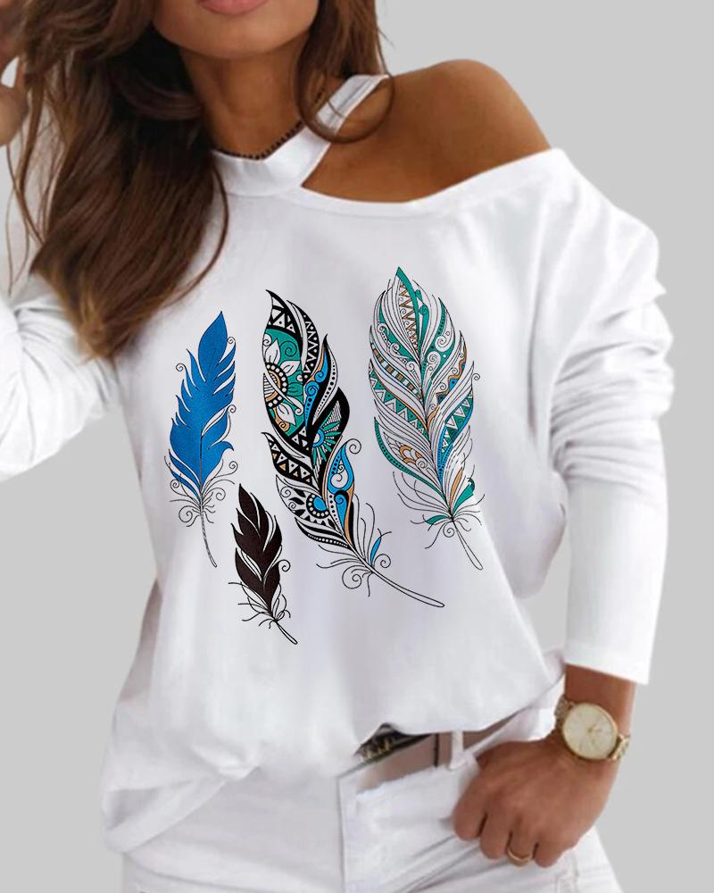 

One Shoulder Feather Print Long Sleeve Top, Blue