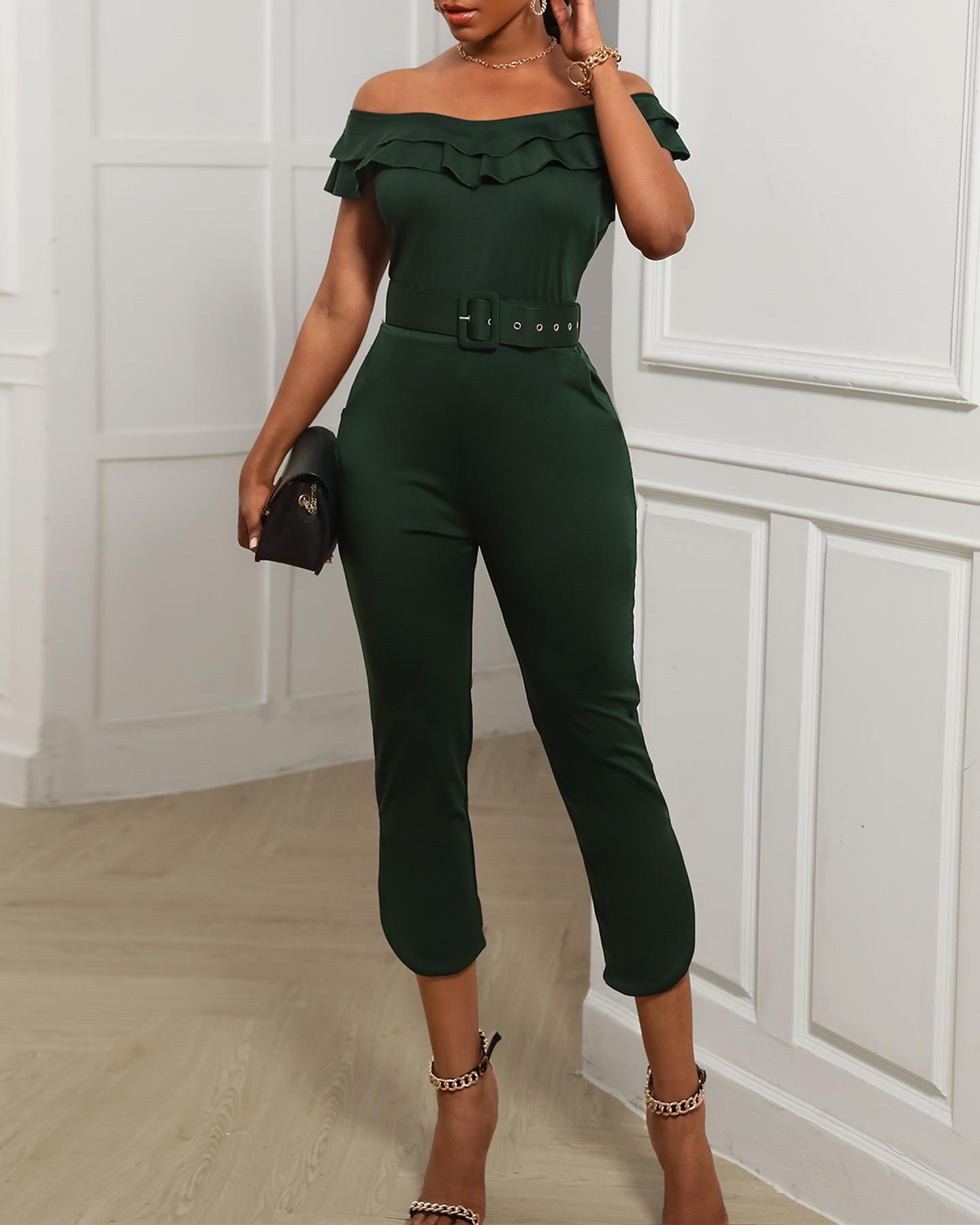 

Ruffles Pocket Design Plain Jumpsuit, Army green