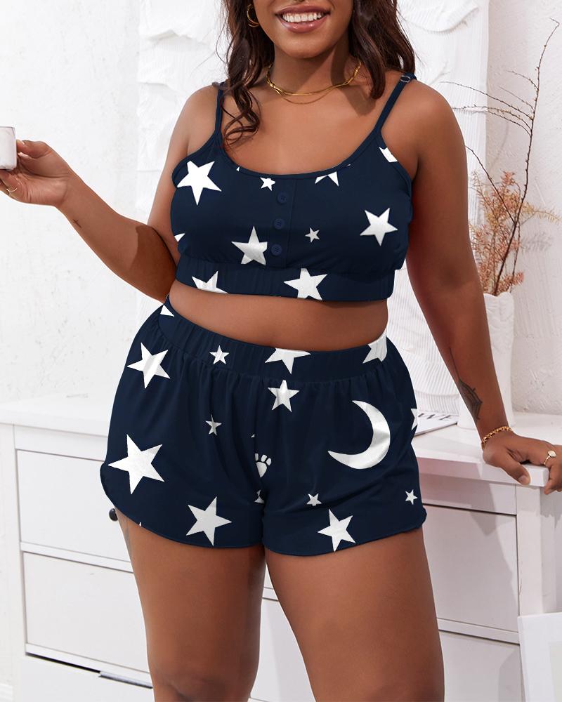 

Plus Size Moon Star Print U-Neck Buttoned Cami Set, Blue