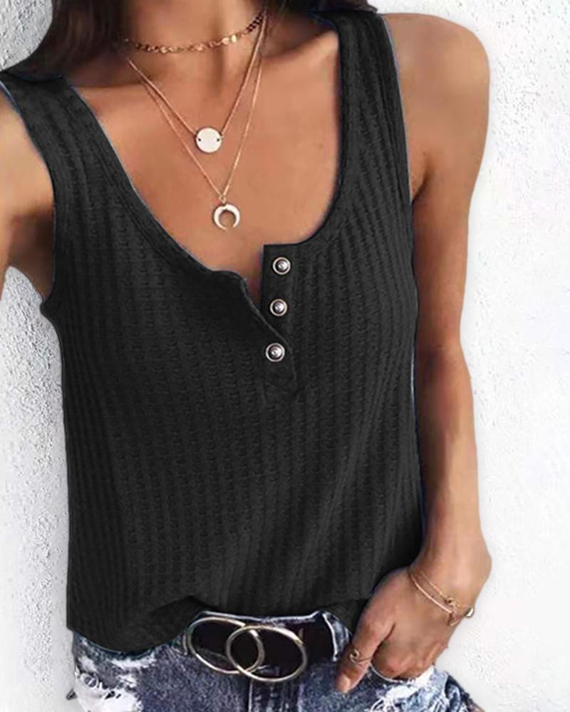 

Thick Strap Button Front Tank Top, Black