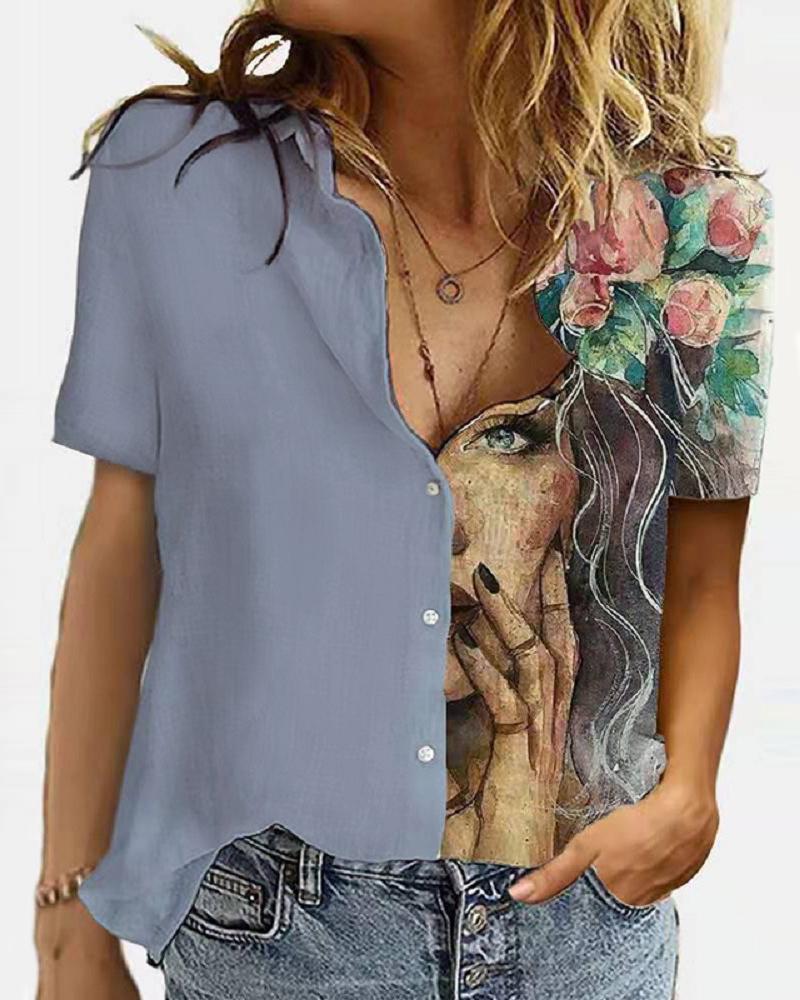 

Figure Floral Print Colorblock Short Sleeve Top, Gray