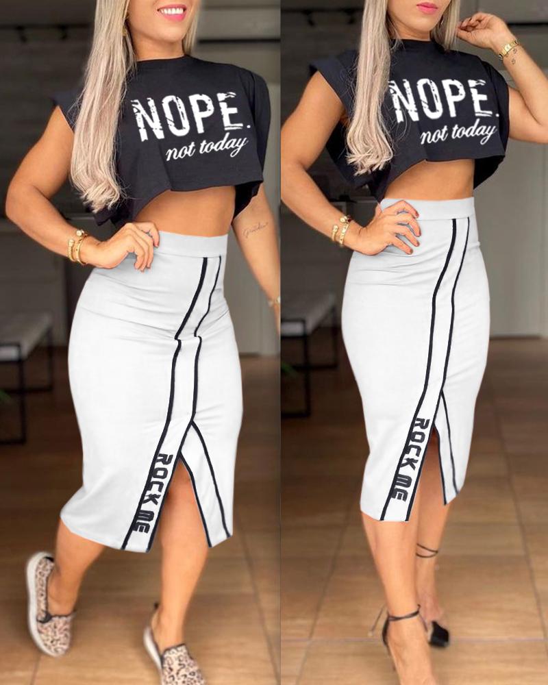 

Letter Print Short Sleeve Top & Slit Skirt Set, White
