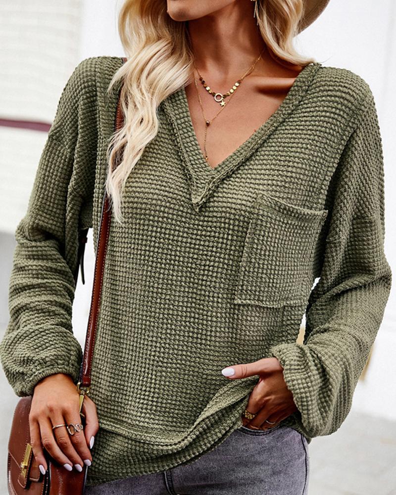 

V-Neck Lantern Sleeve Pocket Design Top, Green