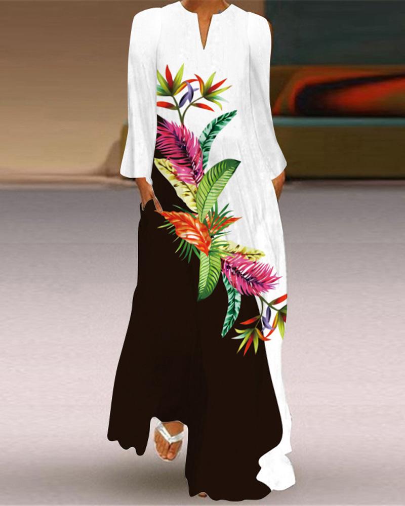 

Colorblock Plants Print Long Sleeve Maxi Dress, White