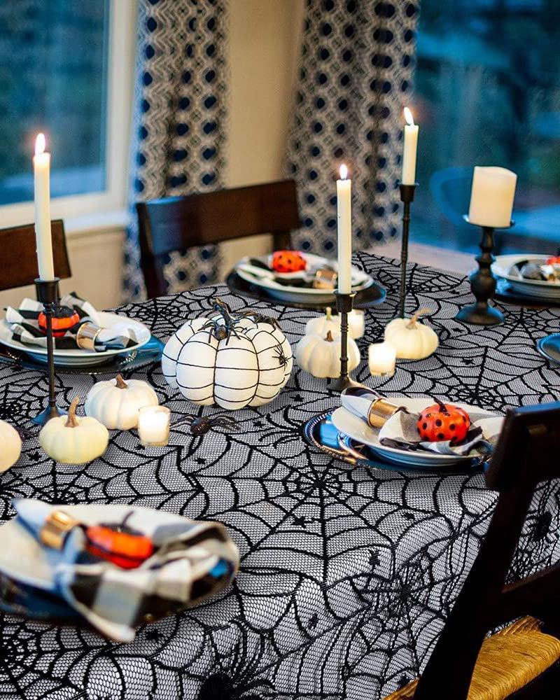 

Halloween Tablecloths Black Lace Spider Cobweb Table Cover For Halloween Masquerade Dinner Party Scary Movie Nights Table Ornament, Style1