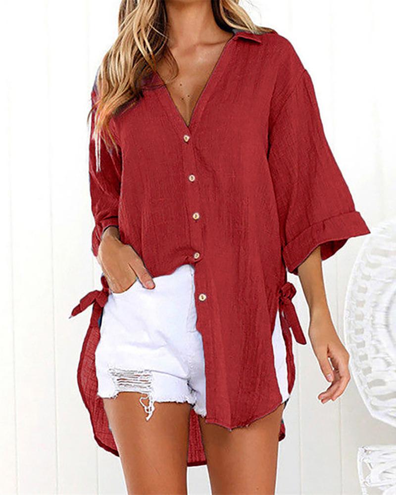 

Tied Detail Buttoned V-Neck Shirt, Red