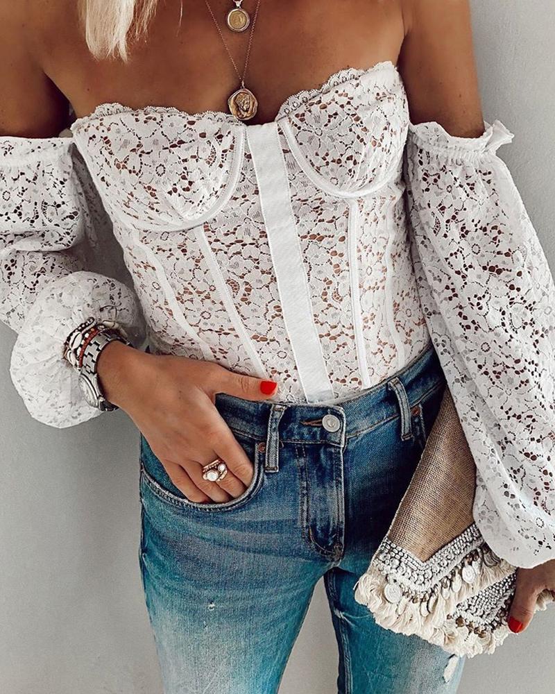 

Off Shoulder Lantern Sleeve Floral Lace Top, White