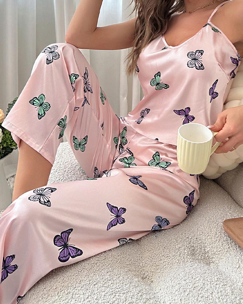 

Butterfly Print V-Neck Sleeveless Cami Set, Pink
