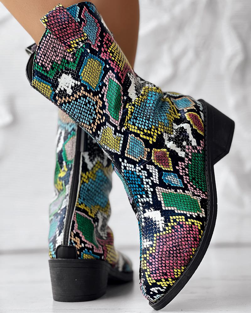 

Snakeskin Zipper Back Ankle Boots, Multicolor