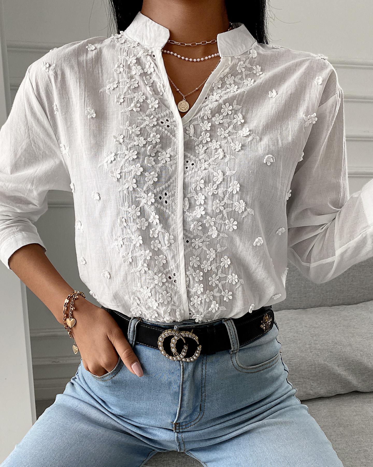 

Floral Pattern Embroidery Hollow Out Top, White