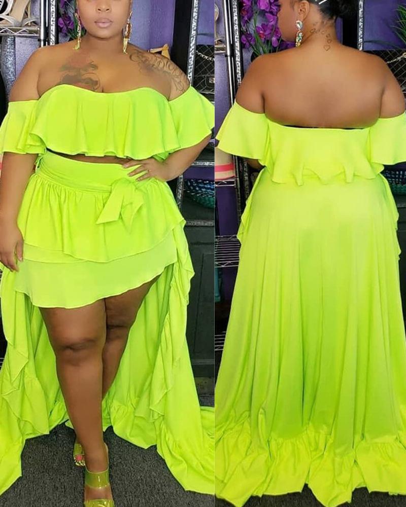 

Plus Size Off Shoulder Ruffles Crop Top & High Low Hem Skirt Set, Green