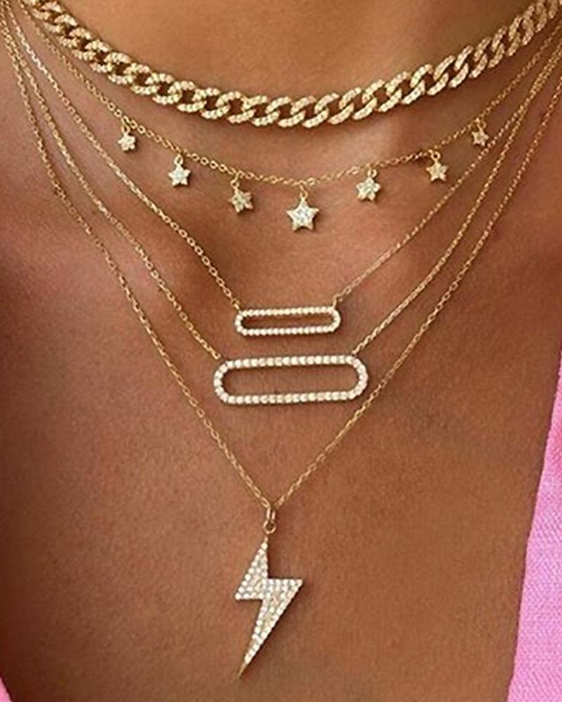 

Star & Lightning Studded Layered Necklace, Gold