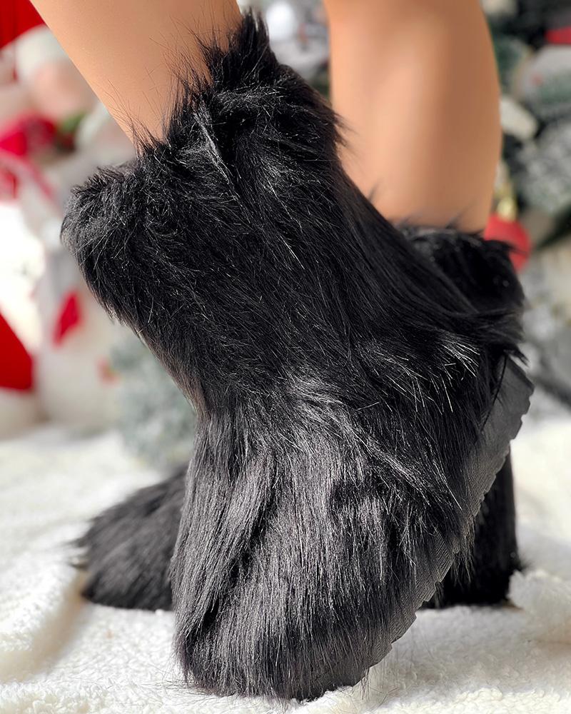 

Faux Fur Fluffy Warm Ankle Boots, Black