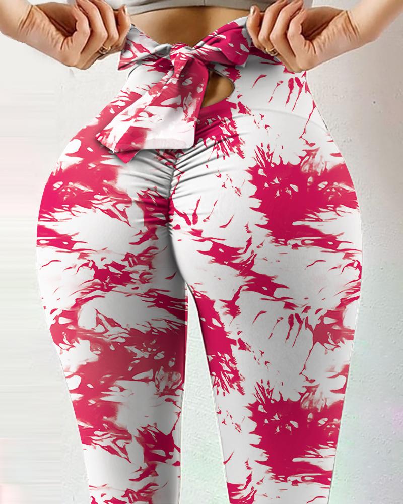 

Butt Lifting Tie Dye Print Bowknot Design Scrunch Booty Leggings, Red