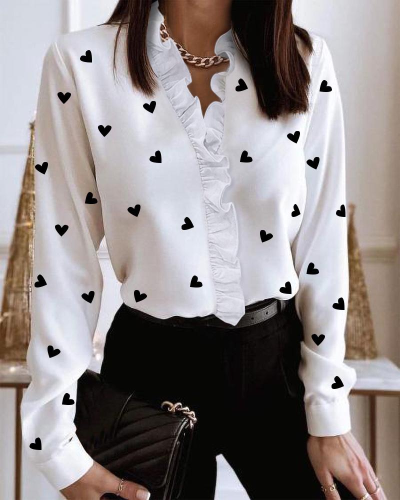 

Valentine's Day Heart Print Frill Hem Long Sleeve Top, White