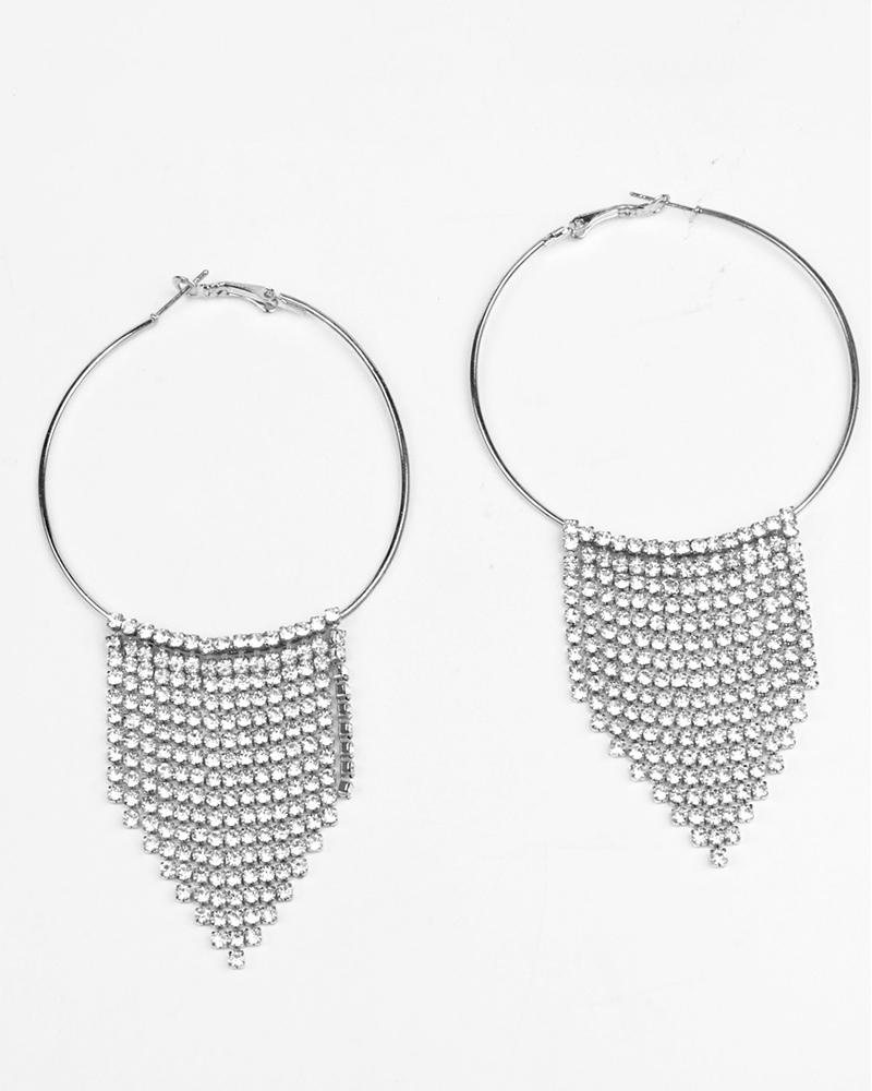 

Rhinestone Tassel Hoop Drop Earrings, Silver
