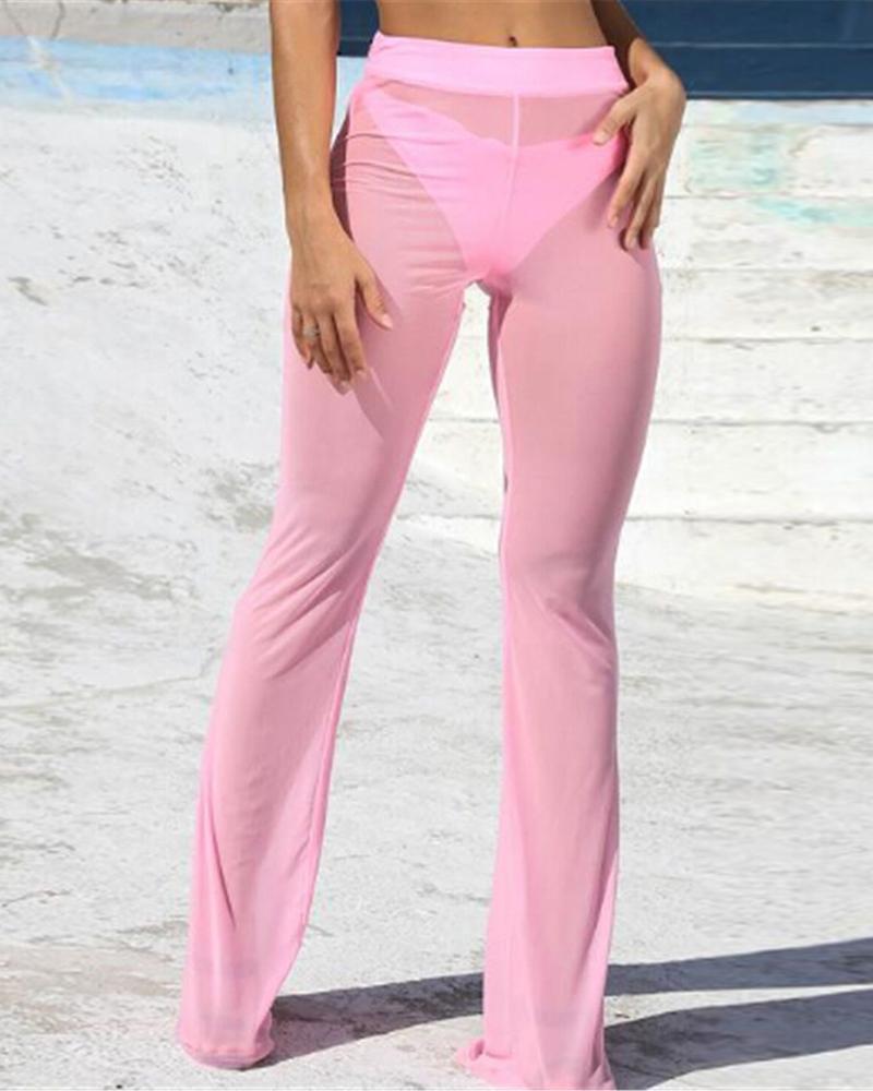 

Plain Mesh Design Wide Leg Pants, Pink