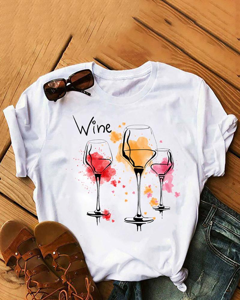 

Wine Glass Print Short Sleeve Casual T-shirt, Style3