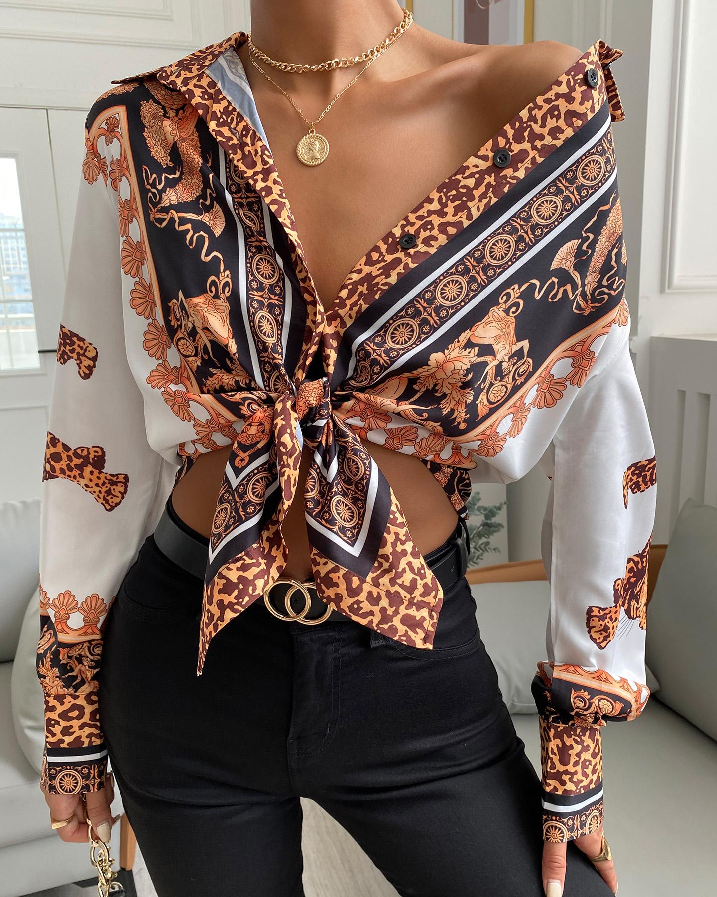 

Baroque Leopard Print Casual Shirt, White