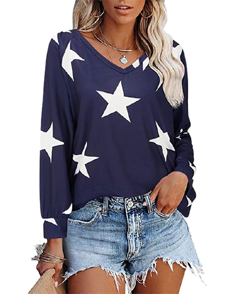 

Star Print V-Neck Long Sleeve Top, Dark blue